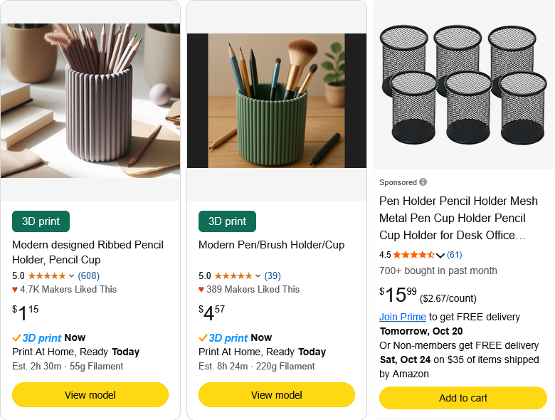 Two Print The Cart cards for printable pencil cups shown first in Amazon search results for pen holders, priced at $1.15 and $4.57 to print.